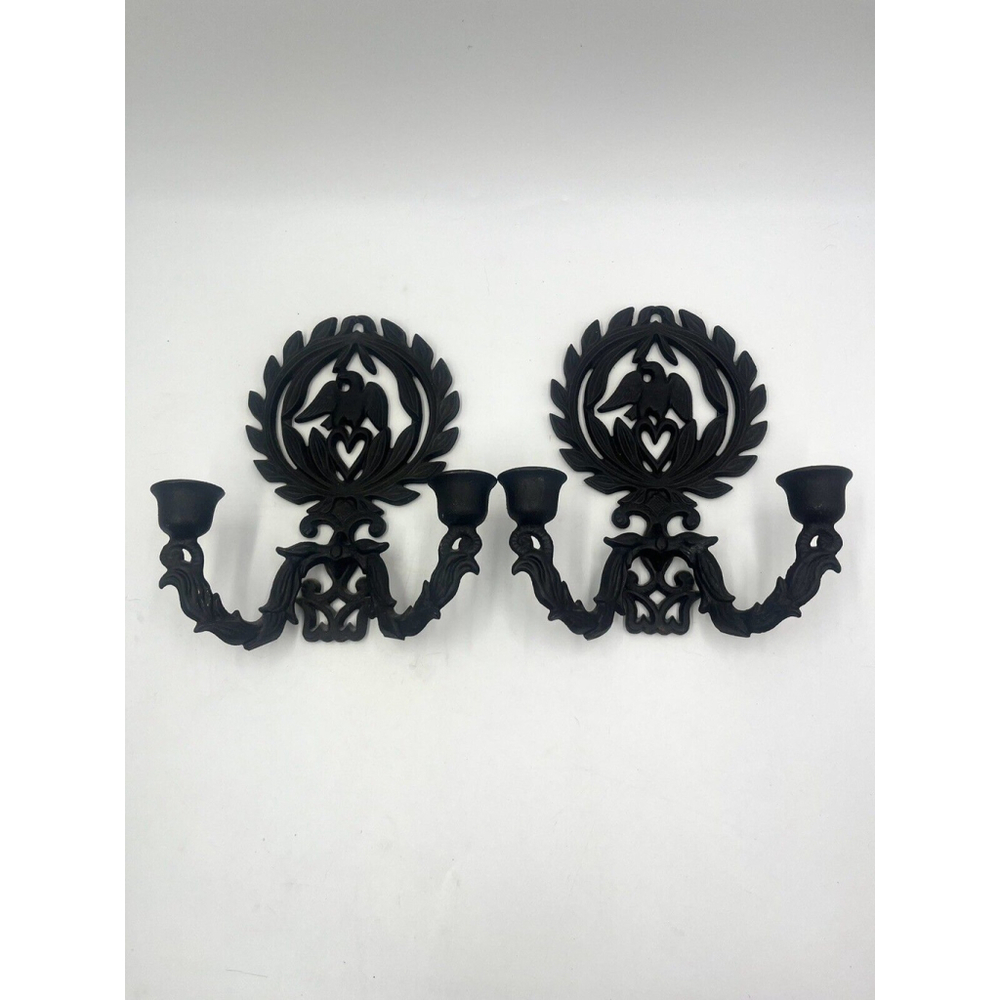 Vtg Black Cast Iron Wall Candle Holder Sconce Wreath Eagle Heart Set of Two